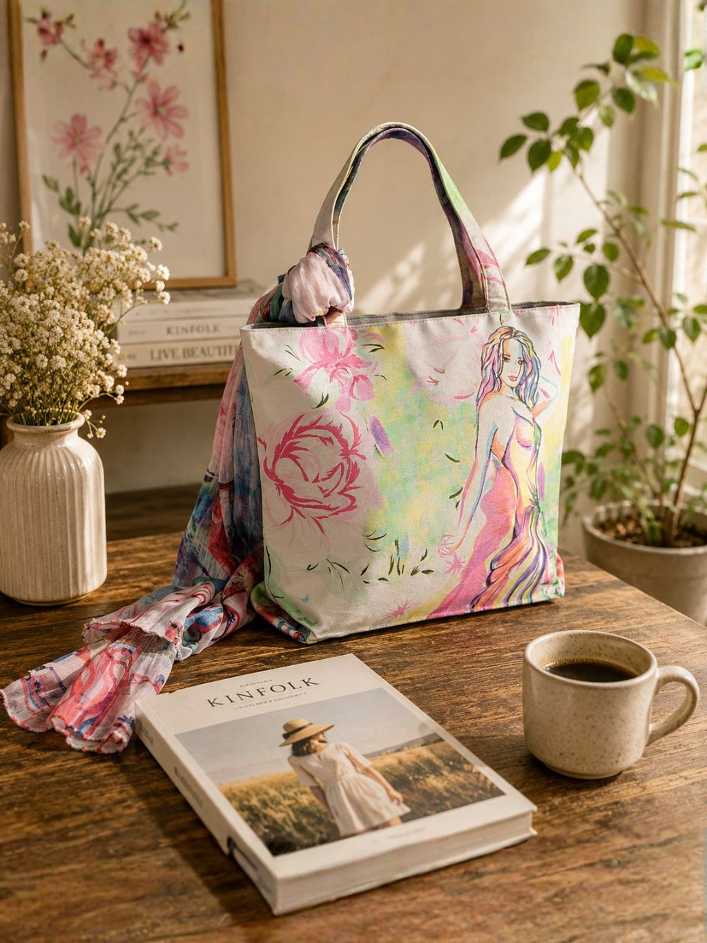 Whimsical Muse - Soft Pastel Shoulder Bag with Artistic Faces & Floral Scarf