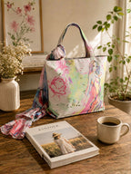Whimsical Muse - Soft Pastel Shoulder Bag with Artistic Faces & Floral Scarf