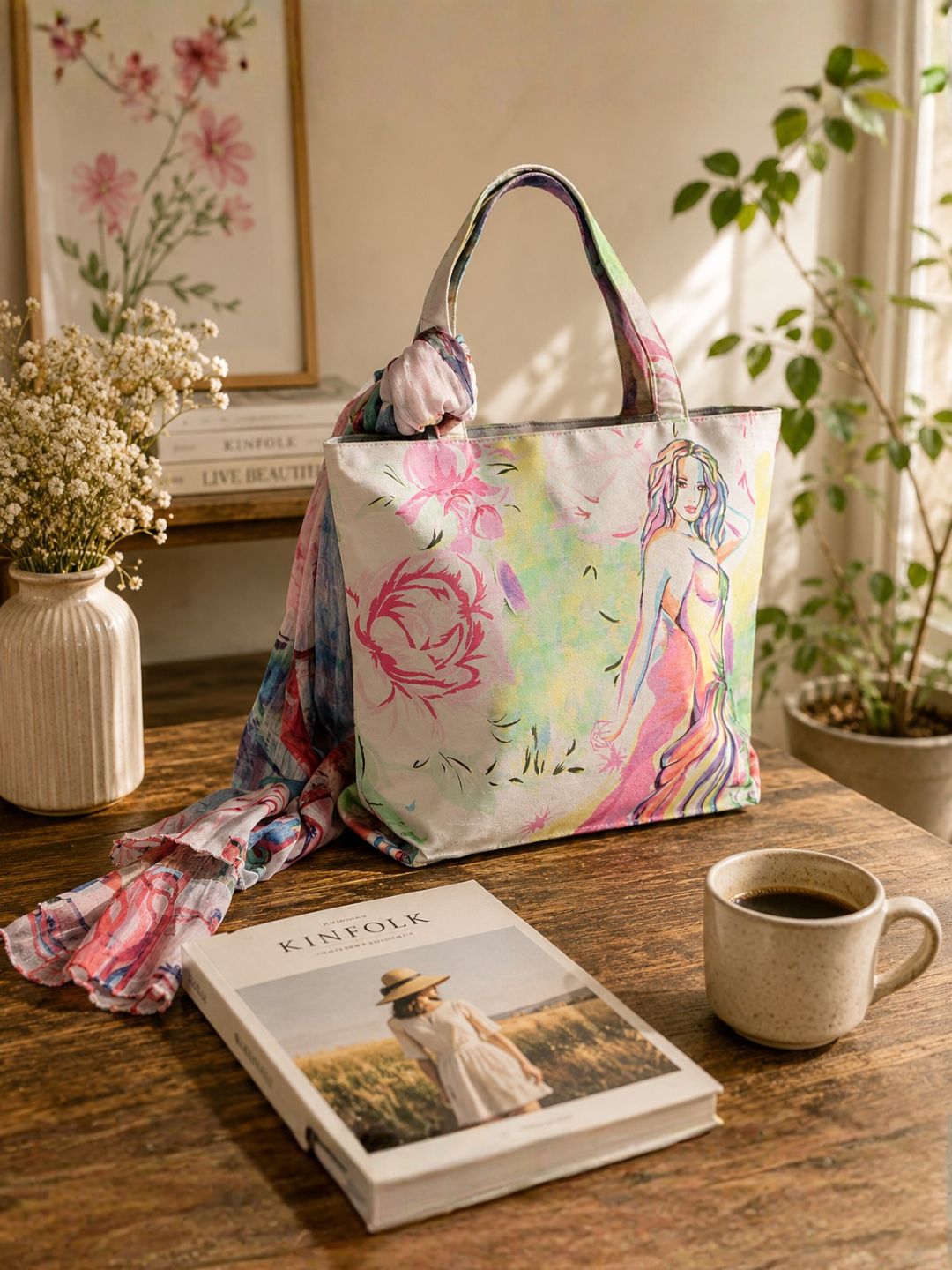 Whimsical Muse - Soft Pastel Shoulder Bag with Artistic Faces & Floral Scarf