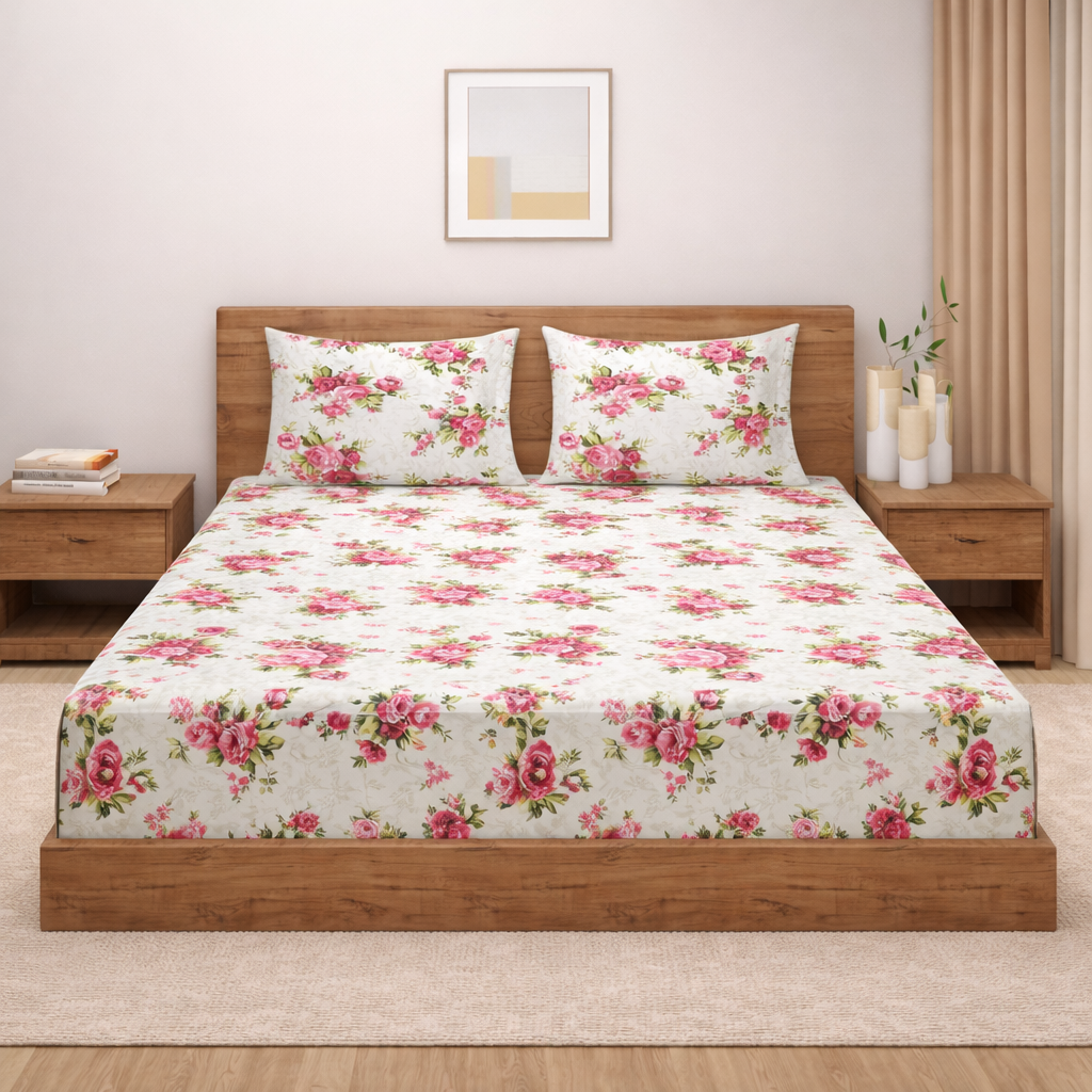 Pink Floral Print Pure Cotton 120 TC Double King Bedsheet with 2 Pillow Covers (90x100 Inches)