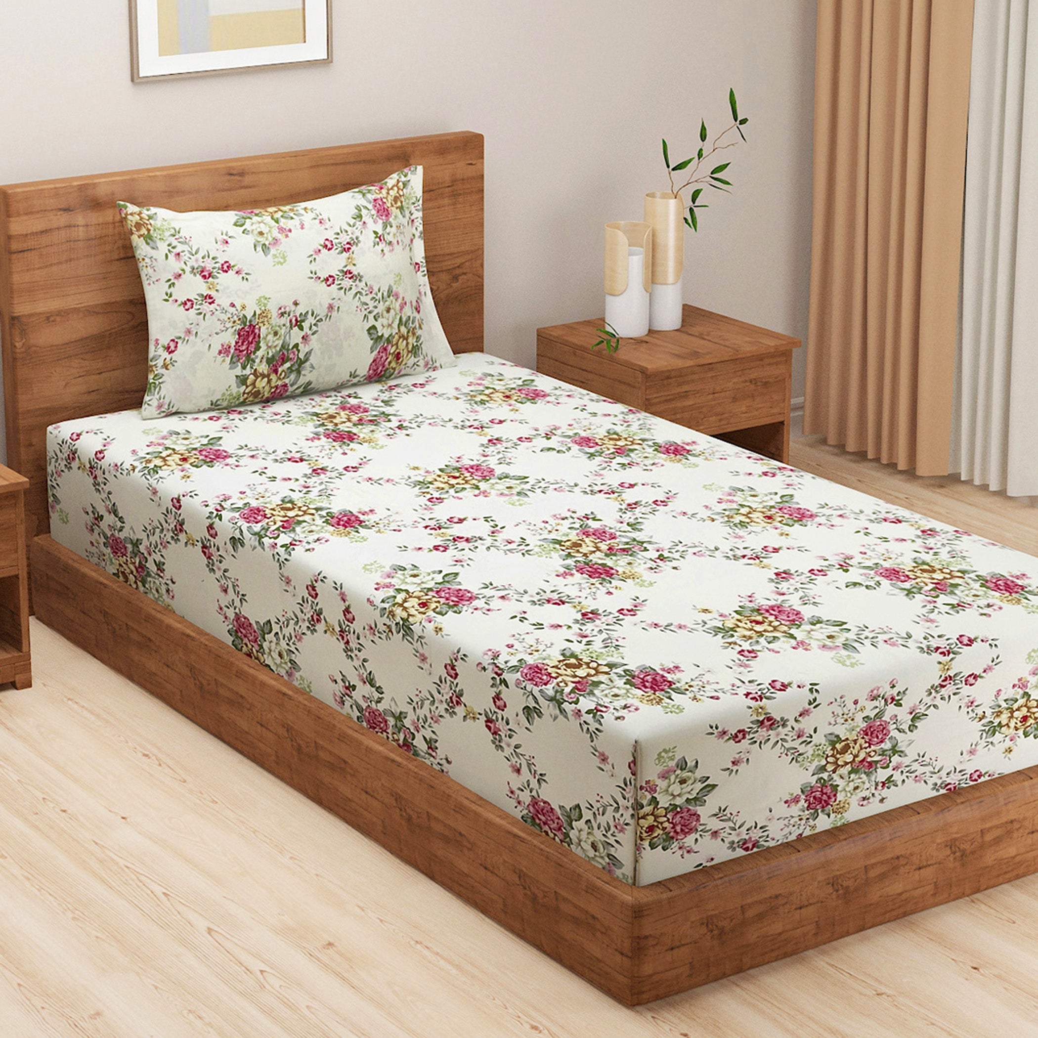 Elegant Ivory Floral Pure Cotton 250 TC Single Bedsheet with 1 Pillow Cover (60x90 Inches)