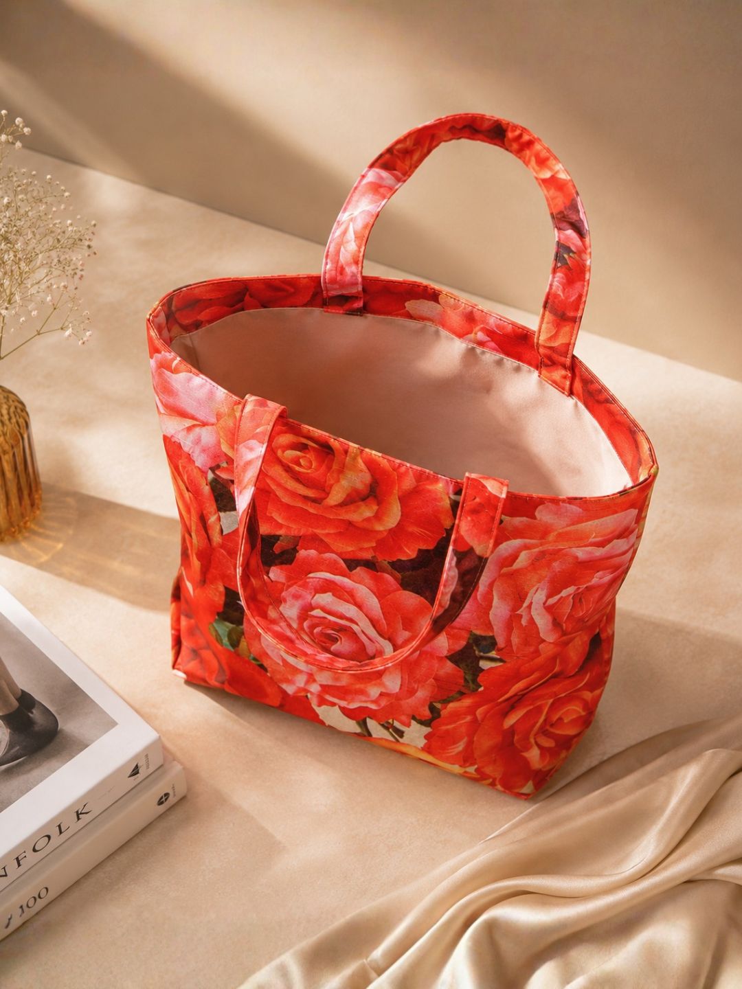 Romantic Rose Bloom - Digitally Printed Floral Tote Bag with Coordinated Scarf