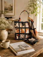 "Retro Glance" Artistic Square-Print Tote Bag with Matching Scarf