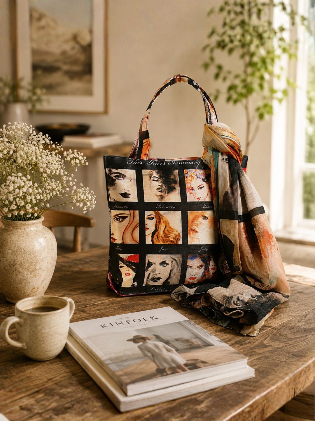 "Retro Glance" Artistic Square-Print Tote Bag with Matching Scarf