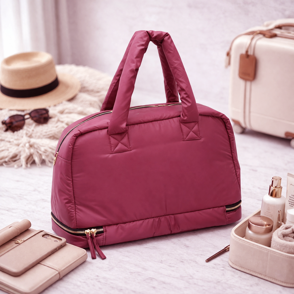 Puffer Overnighter Unisex Burgundy Duffle Bag