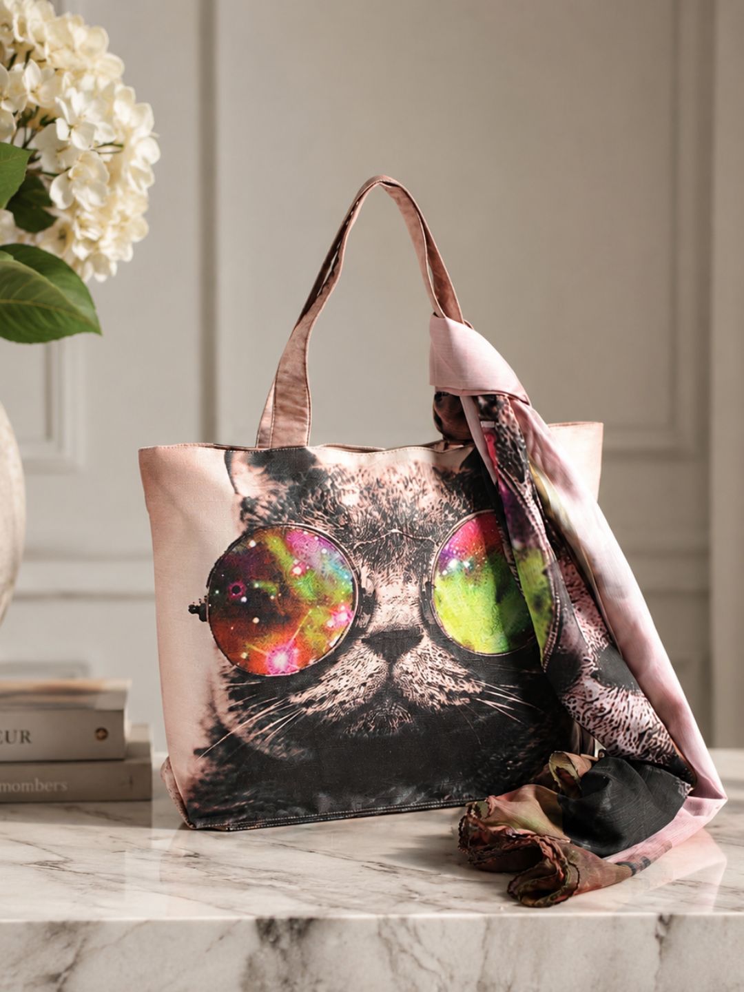 Galactic Whiskers - Digitally Printed Cat-Themed Tote Bag with Abstract Cosmic Design