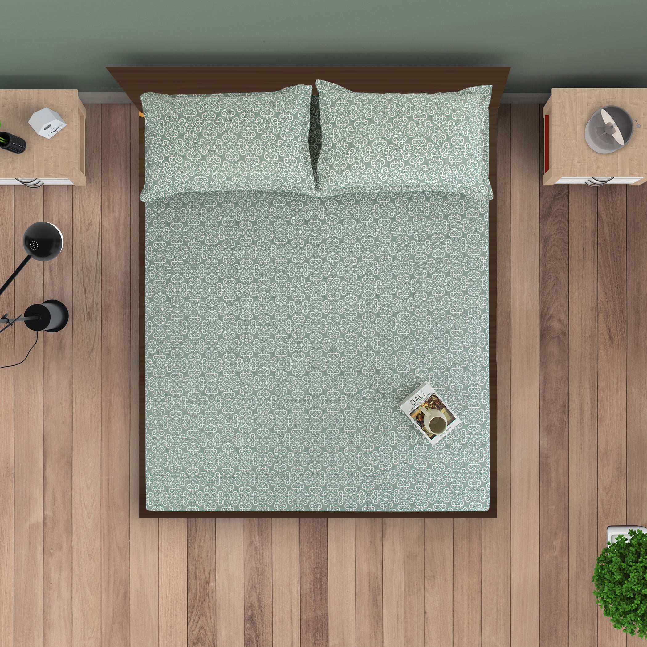Ornamental Swirl Sage Green 210 TC Pure Cotton King Fitted Bedsheet with 2 Pillow Covers (72 x 78 x 10 Inches)