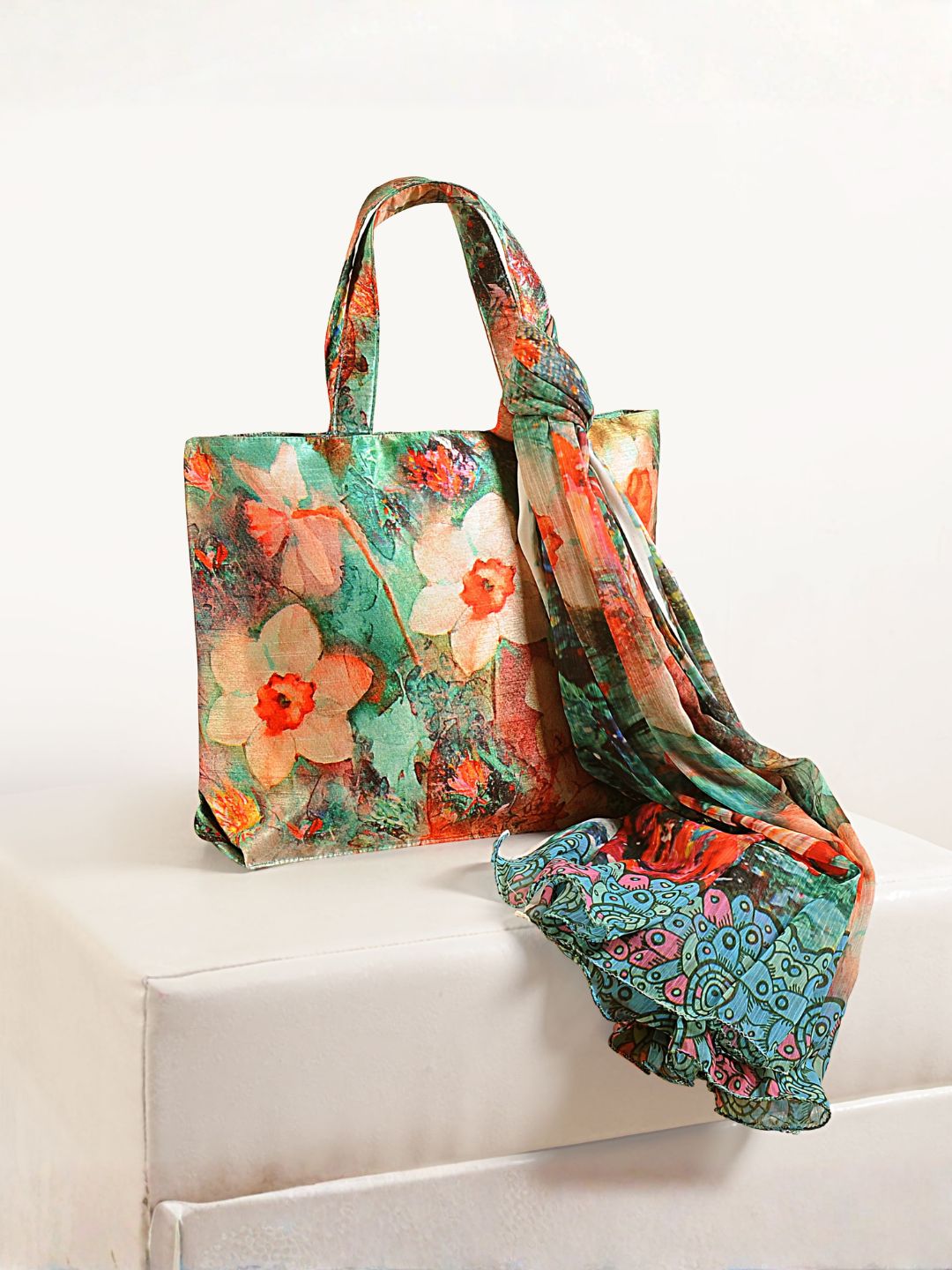 Tropical Bloom Tote - Vibrant Floral Bag with Designer Scarf