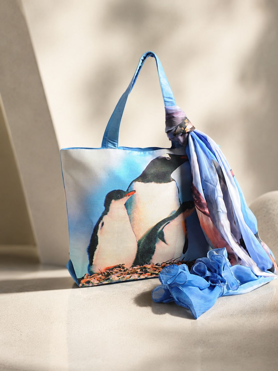 Arctic Companions - Penguin Family Tote with Blue Ombre Wrap