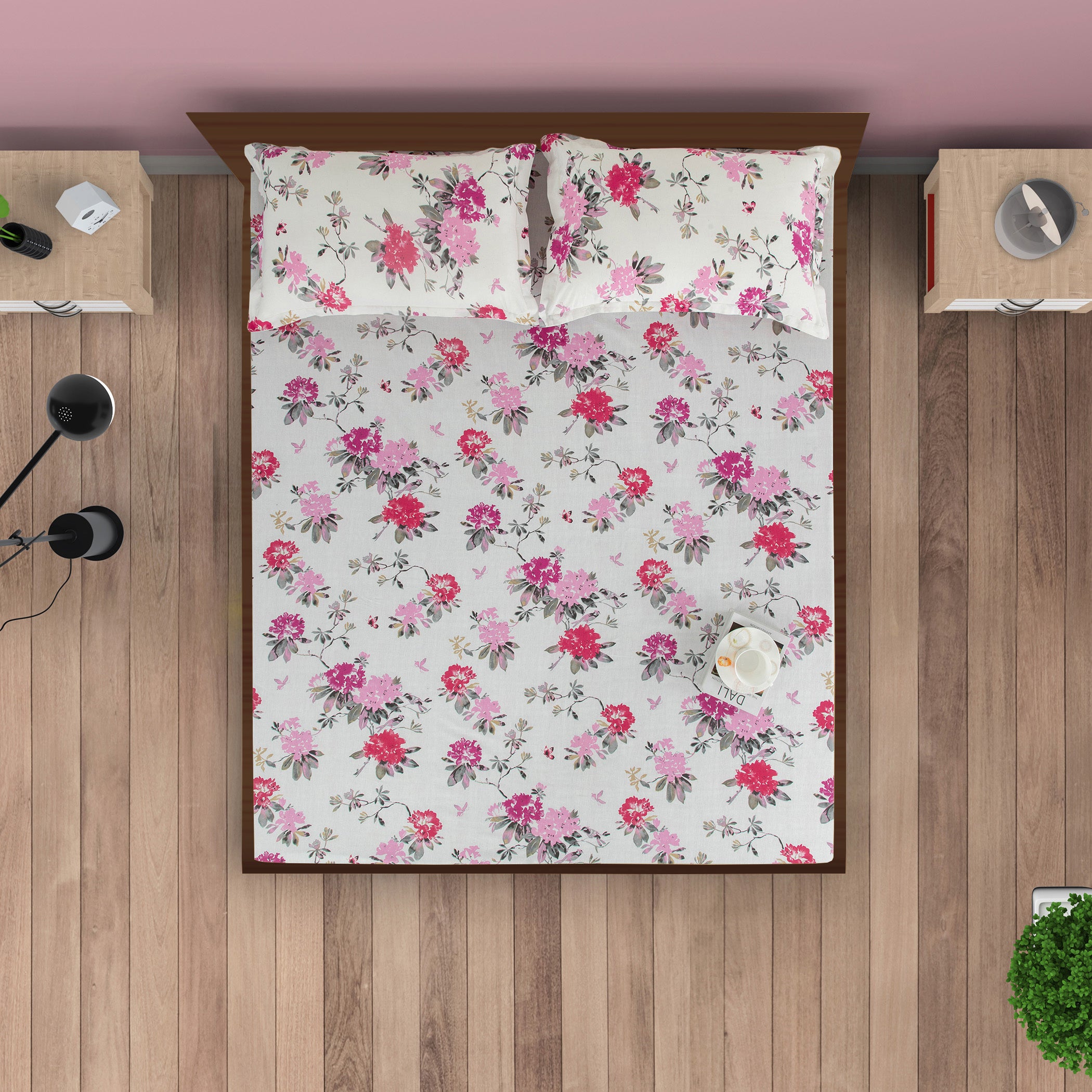 Elegant Pink Floral Pure Cotton 210 TC King Fitted Bedsheet with 2 Pillow Covers (72x78x10 Inches)