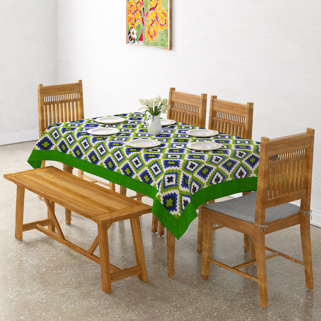 Premium Cotton Geometric Green & Blue Rectangular 8 Seater Table Cover