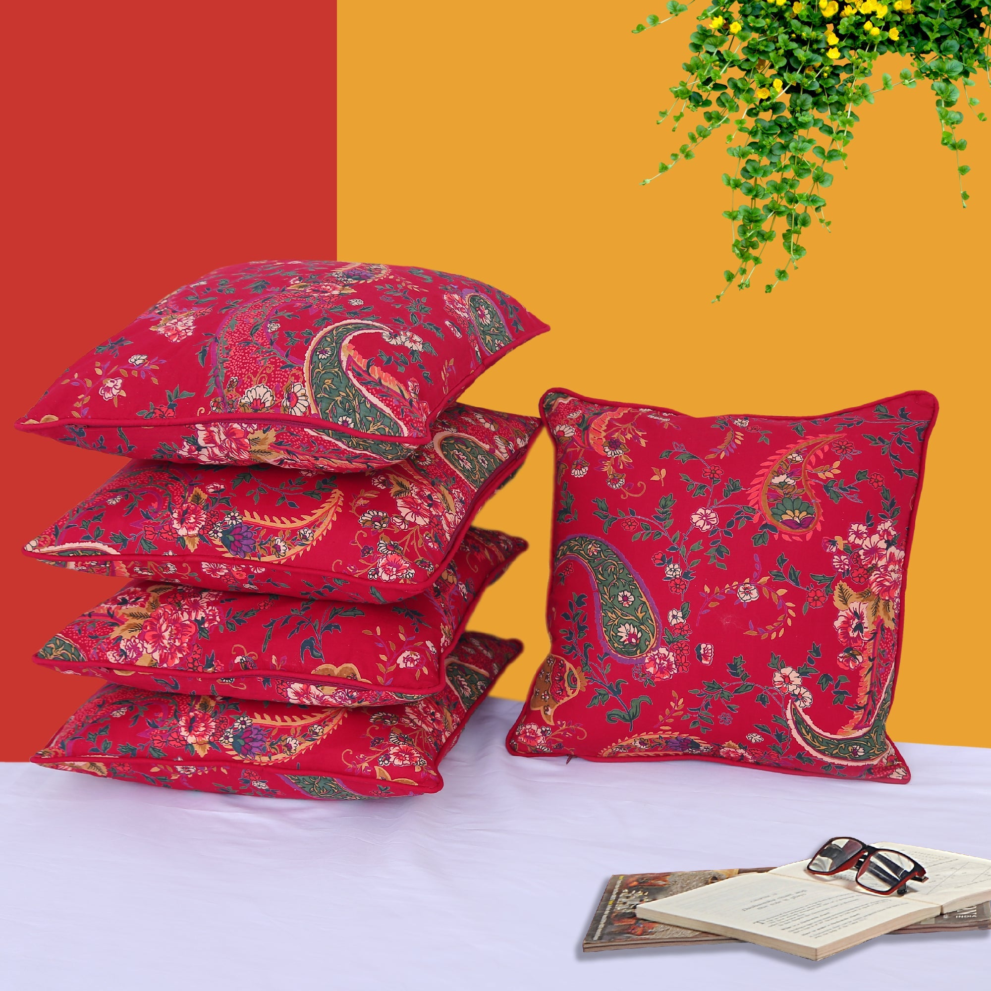 Floral Printed Maroon Regular Cushion Cover - Set of 5