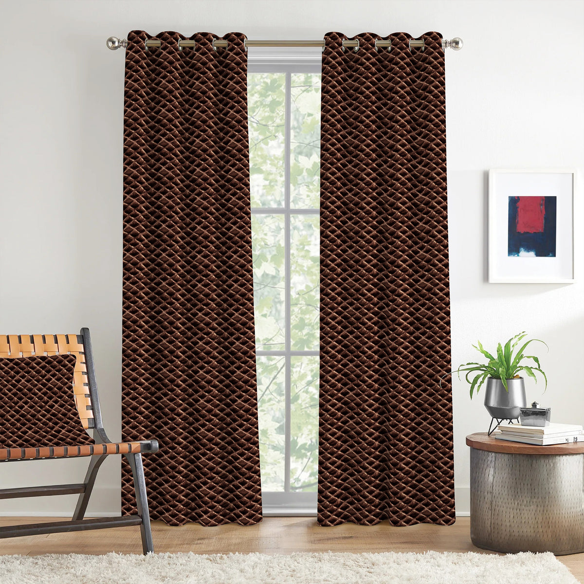 Dark Brown Geometric Weave 300 GSM Polyester 100% Blackout Eyelet Curtain