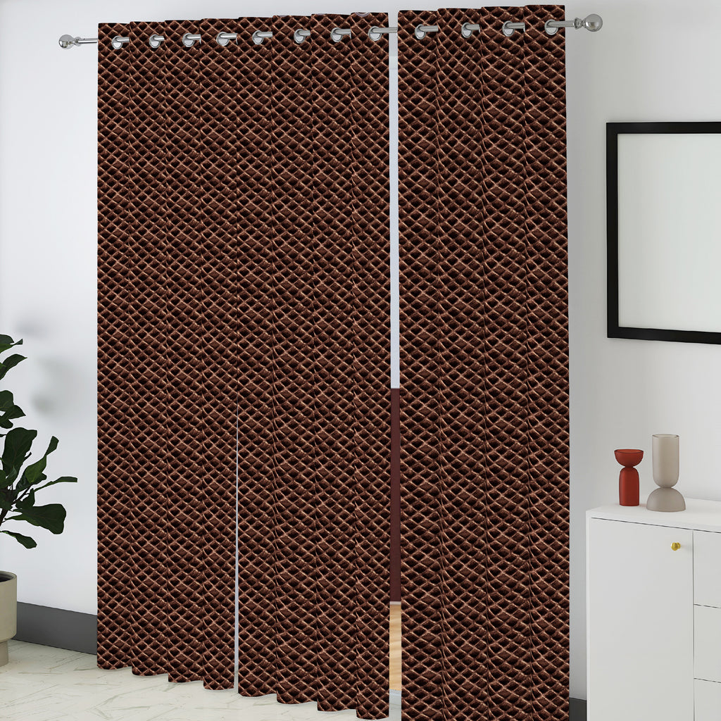 Dark Brown Geometric Weave 300 GSM Polyester 100% Blackout Eyelet Curtain