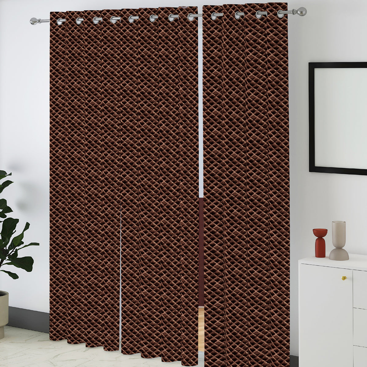 Dark Brown Geometric Weave 300 GSM Polyester 100% Blackout Eyelet Curtain