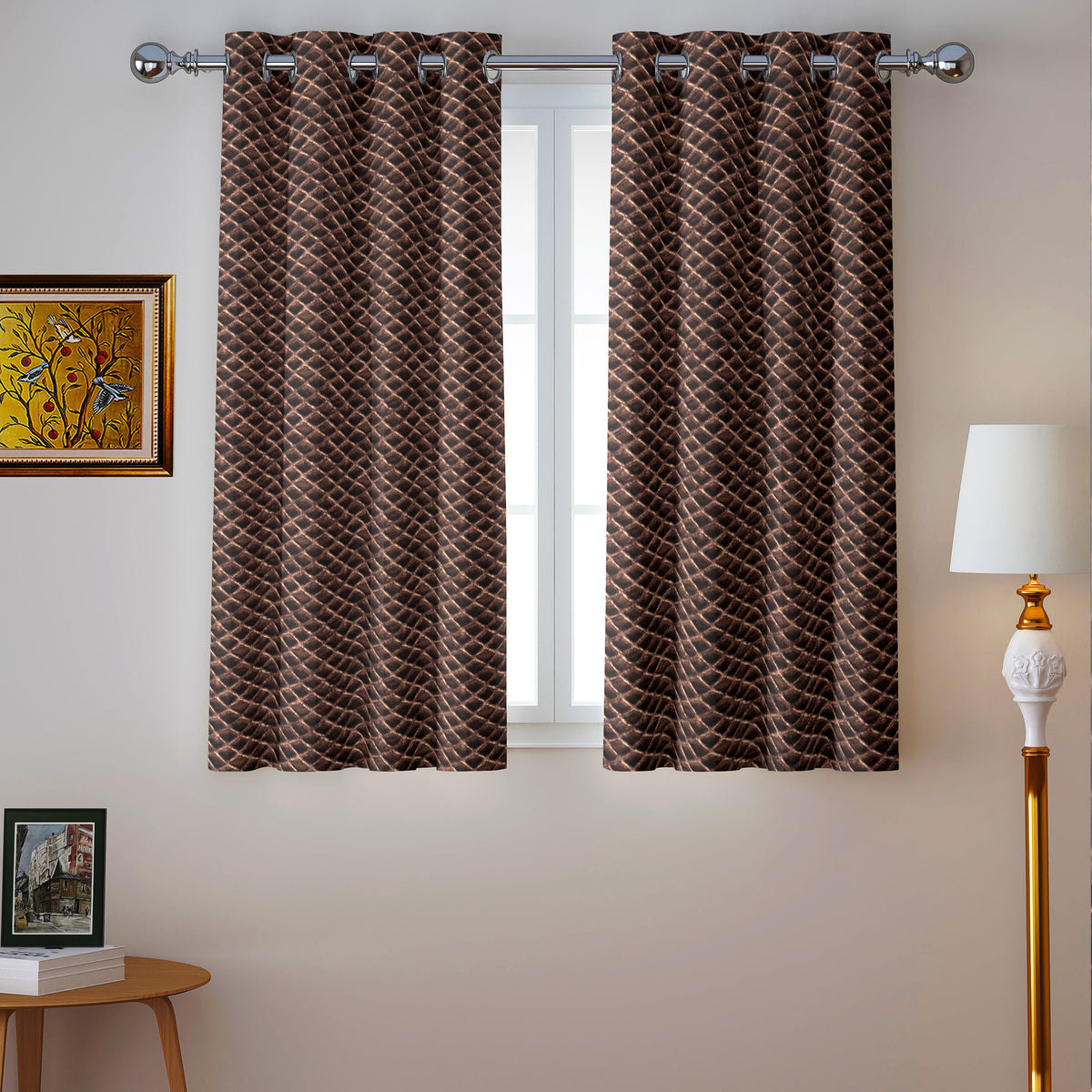 Dark Brown Geometric Weave 300 GSM Polyester 100% Blackout Eyelet Curtain