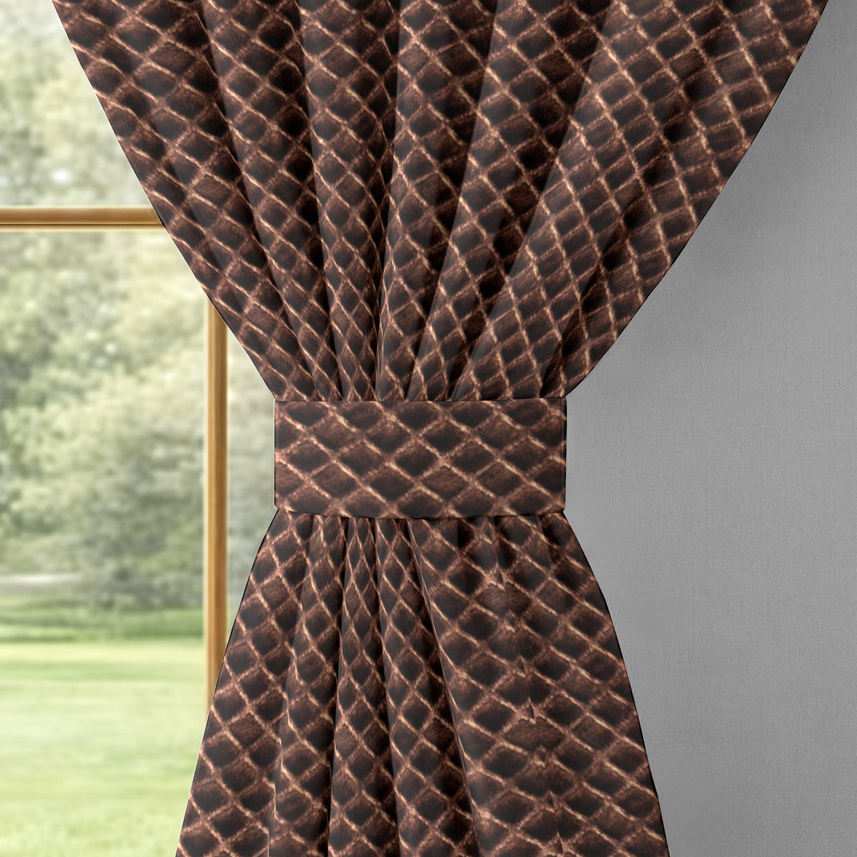 Dark Brown Geometric Weave 300 GSM Polyester 100% Blackout Eyelet Curtain