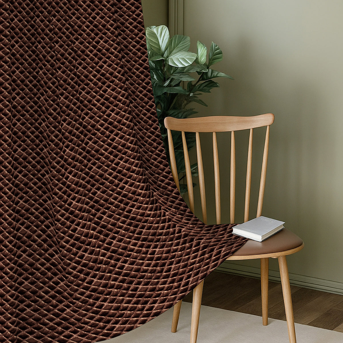 Dark Brown Geometric Weave 300 GSM Polyester 100% Blackout Eyelet Curtain