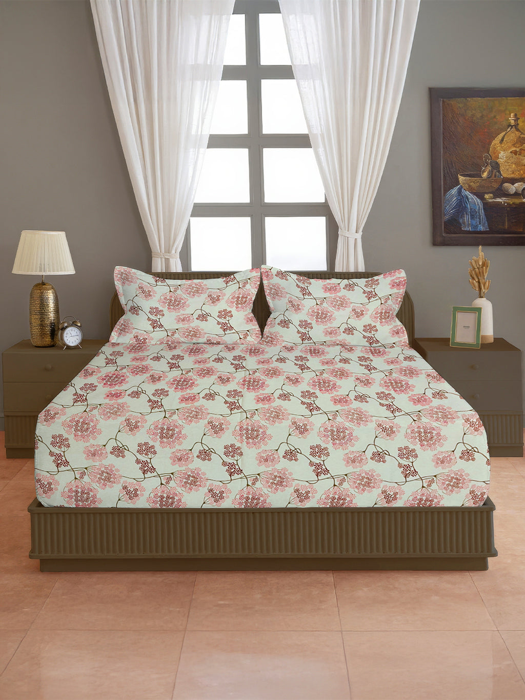 Cream & Pink Floral Print Pure Cotton 144 TC Double Queen Bedsheet with 2 Pillow Covers (90x100 Inches)