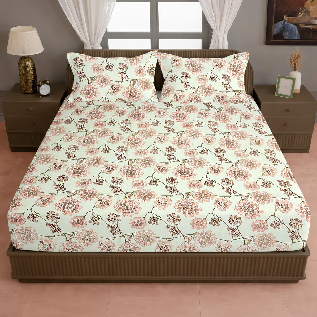 Cream & Pink Floral Print Pure Cotton 144 TC Double Queen Bedsheet with 2 Pillow Covers (90x100 Inches)