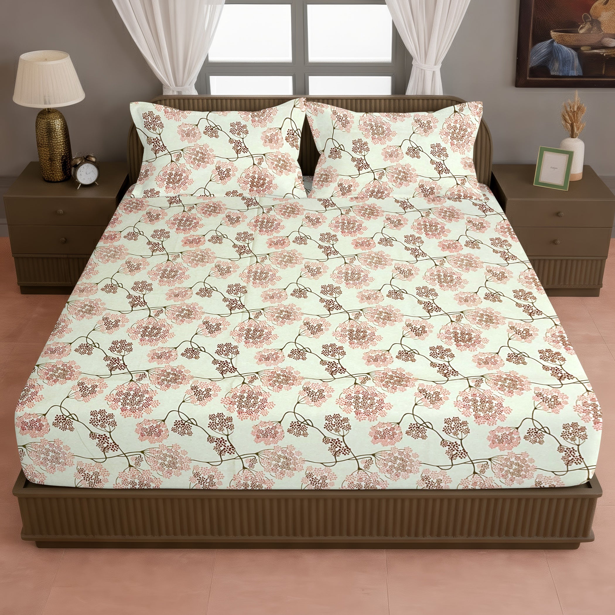 Cream & Pink Floral Print Pure Cotton 144 TC Double Queen Bedsheet with 2 Pillow Covers (90x100 Inches)