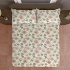 Cream & Pink Floral Print Pure Cotton 144 TC Double Queen Bedsheet with 2 Pillow Covers (90x100 Inches)