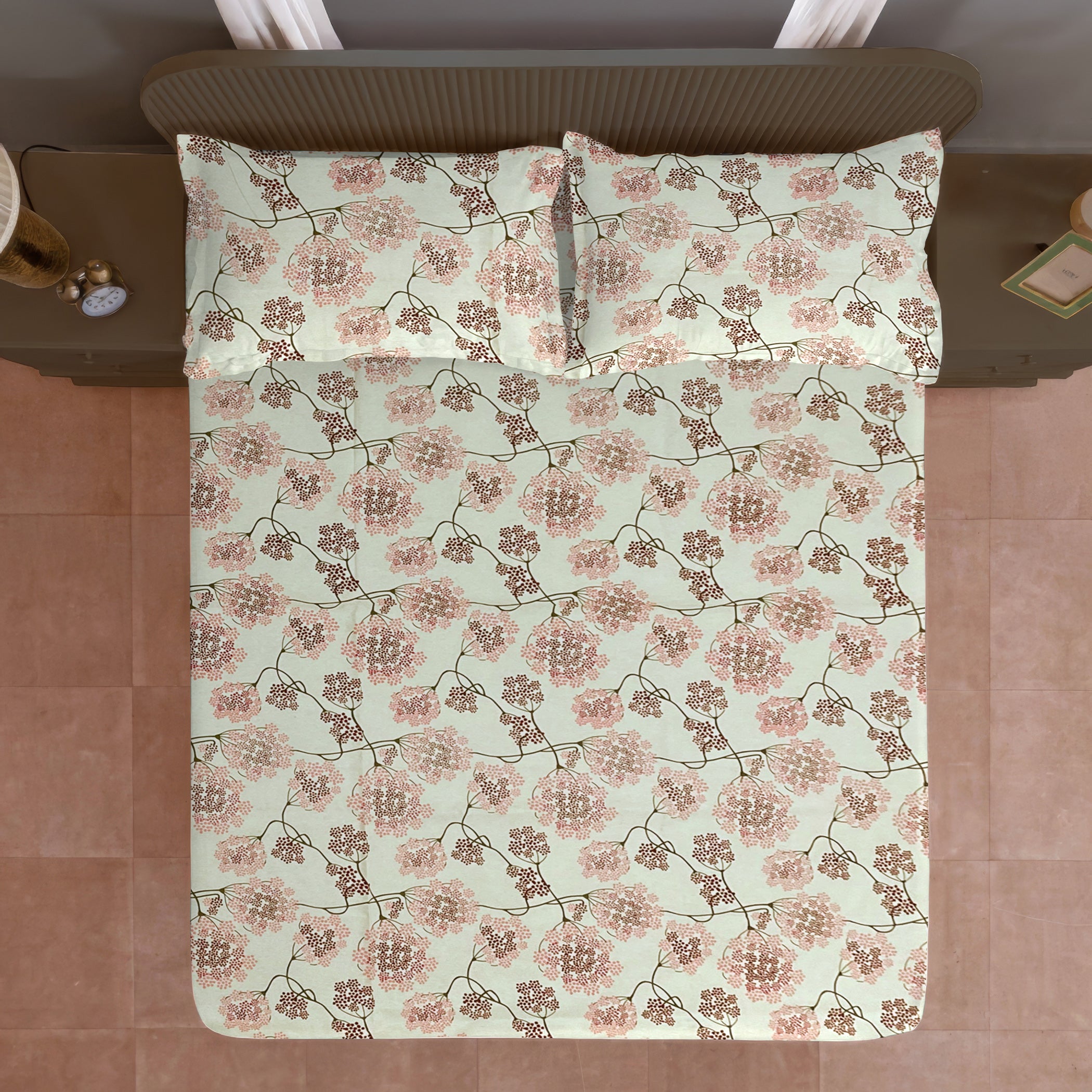 Cream & Pink Floral Print Pure Cotton 144 TC Double Queen Bedsheet with 2 Pillow Covers (90x100 Inches)