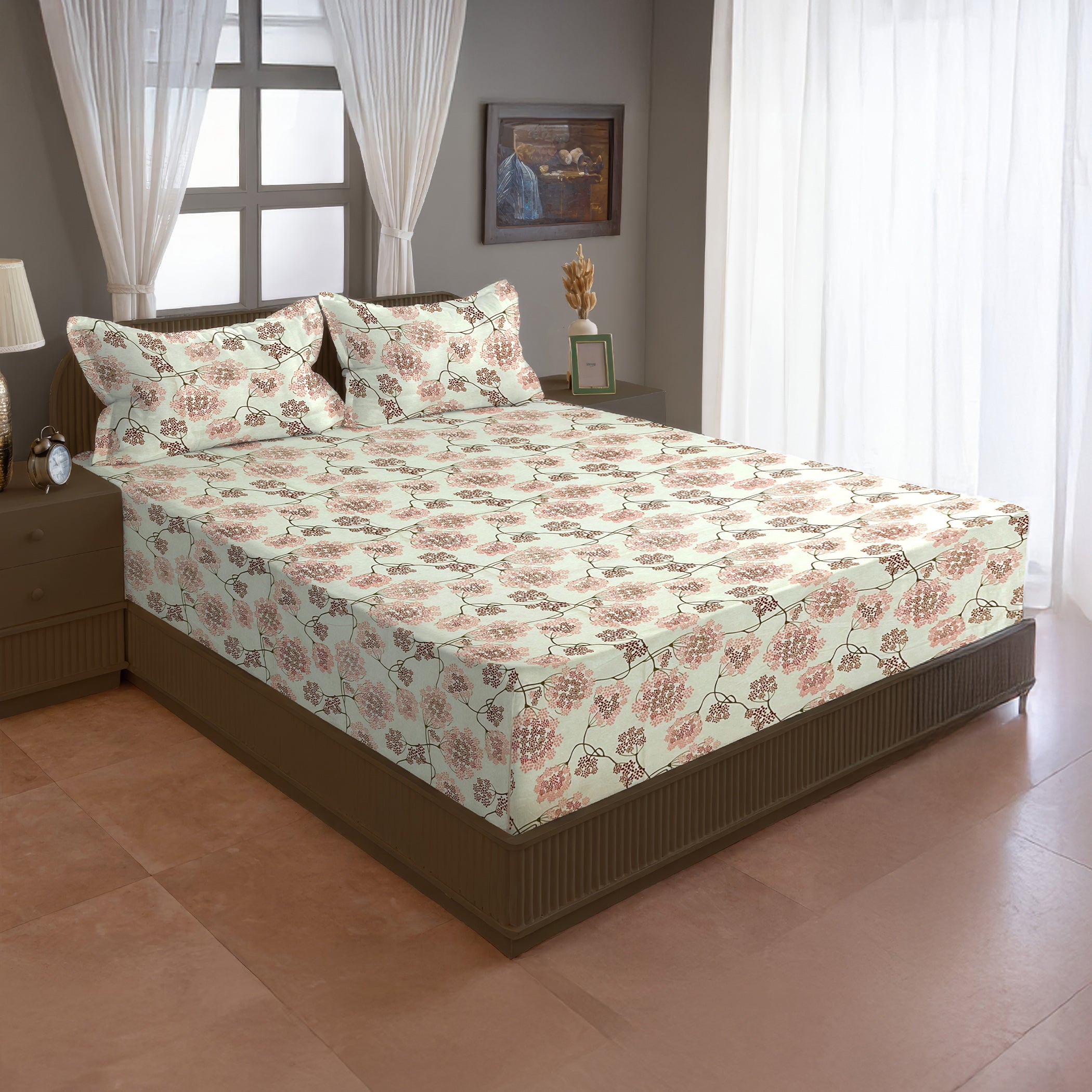 Cream & Pink Floral Print Pure Cotton 144 TC Double Queen Bedsheet with 2 Pillow Covers (90x100 Inches)