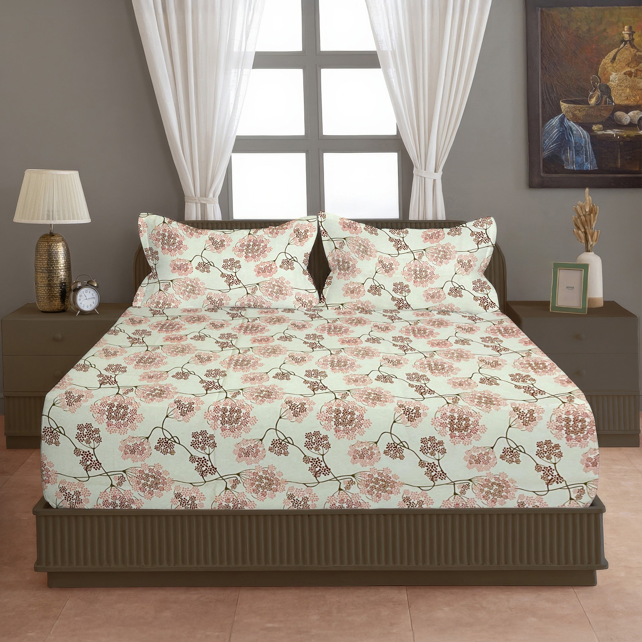 Cream & Pink Floral Print Pure Cotton 144 TC Double Queen Bedsheet with 2 Pillow Covers (90x100 Inches)