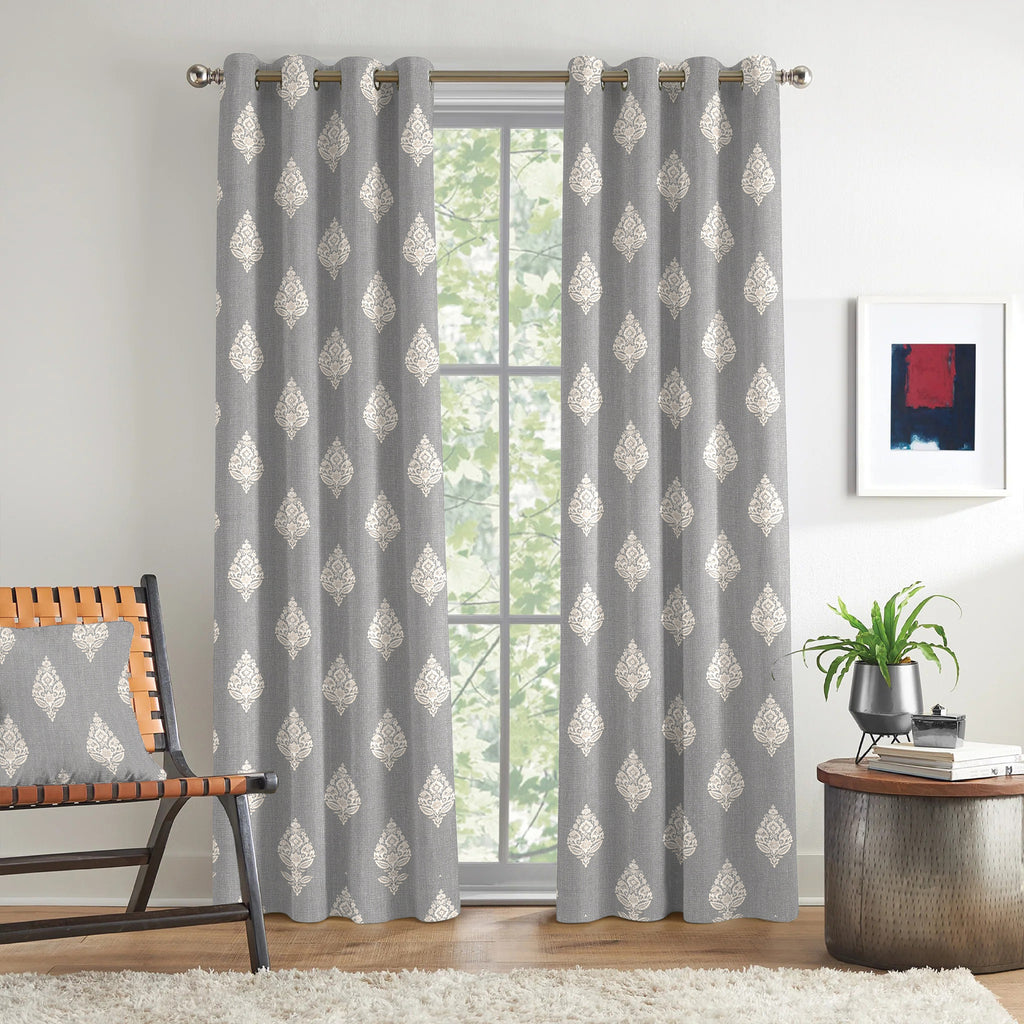 Silver Grey Ivory Boota 240 GSM Polyester 80% Blackout Eyelet Curtain