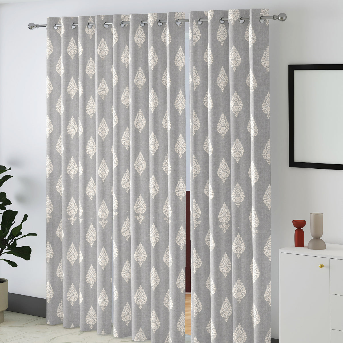 Silver Grey Ivory Boota 240 GSM Polyester 80% Blackout Eyelet Curtain