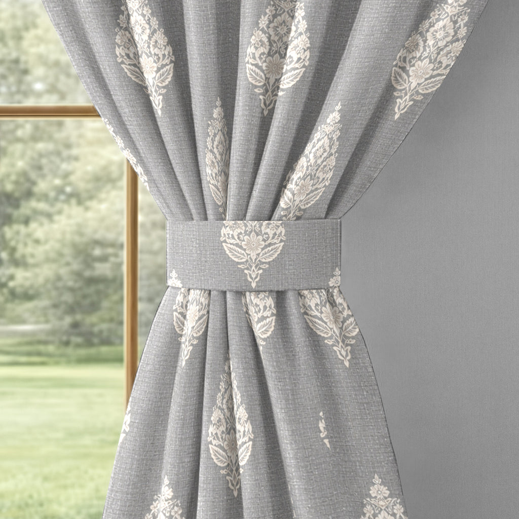 Silver Grey Ivory Boota 240 GSM Polyester 80% Blackout Eyelet Curtain