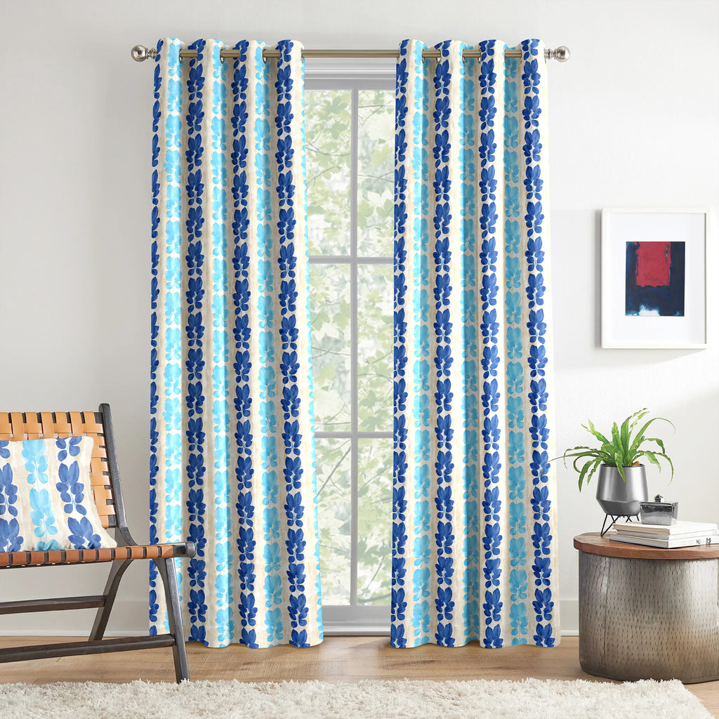 Ivory Blue Floral Stripe 330 GSM Polyester 90% Blackout Eyelet Curtain