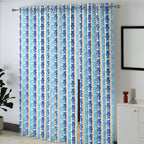 Ivory Blue Floral Stripe 330 GSM Polyester 90% Blackout Eyelet Curtain