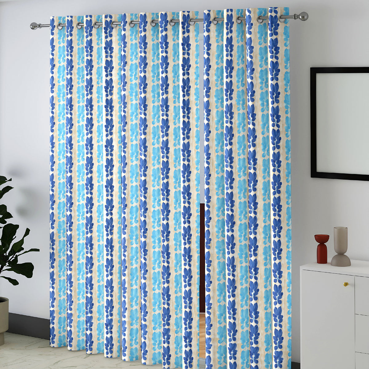 Ivory Blue Floral Stripe 330 GSM Polyester 90% Blackout Eyelet Curtain