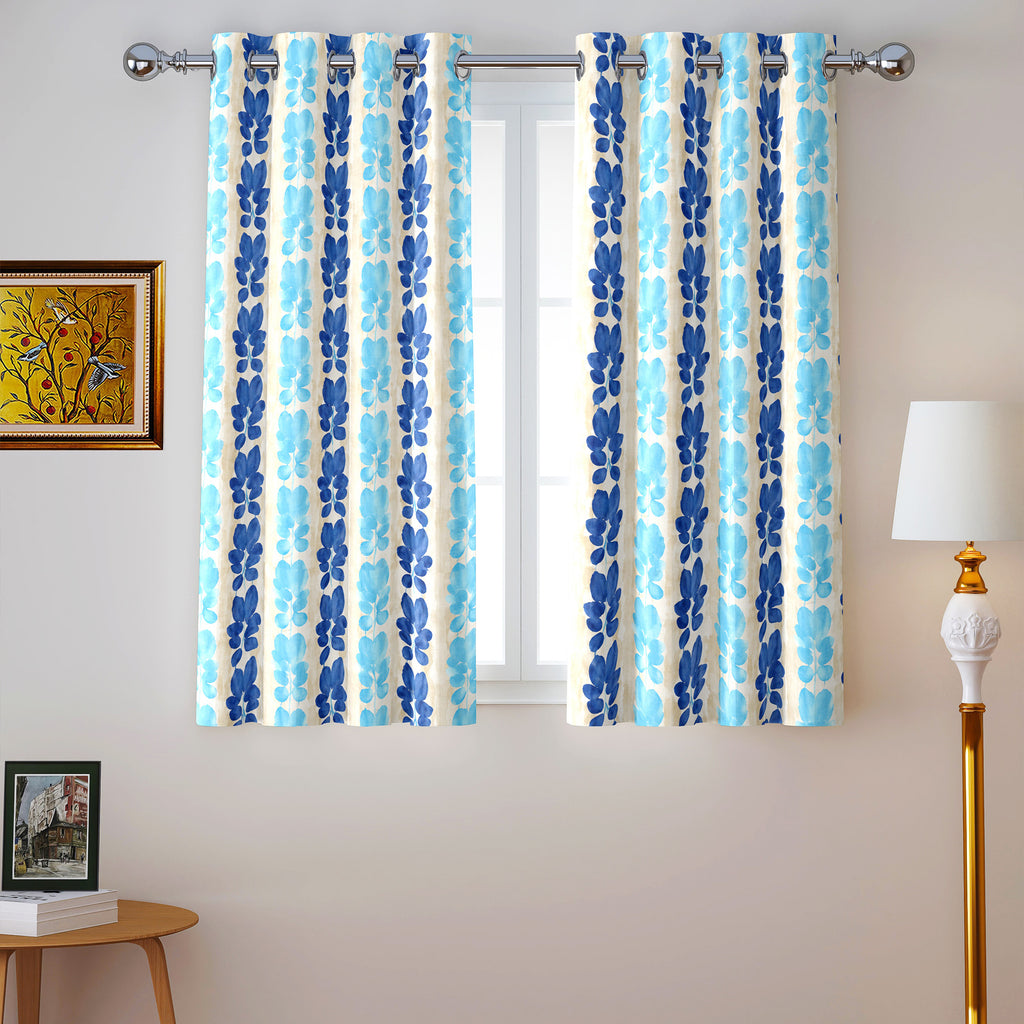 Ivory Blue Floral Stripe 330 GSM Polyester 90% Blackout Eyelet Curtain