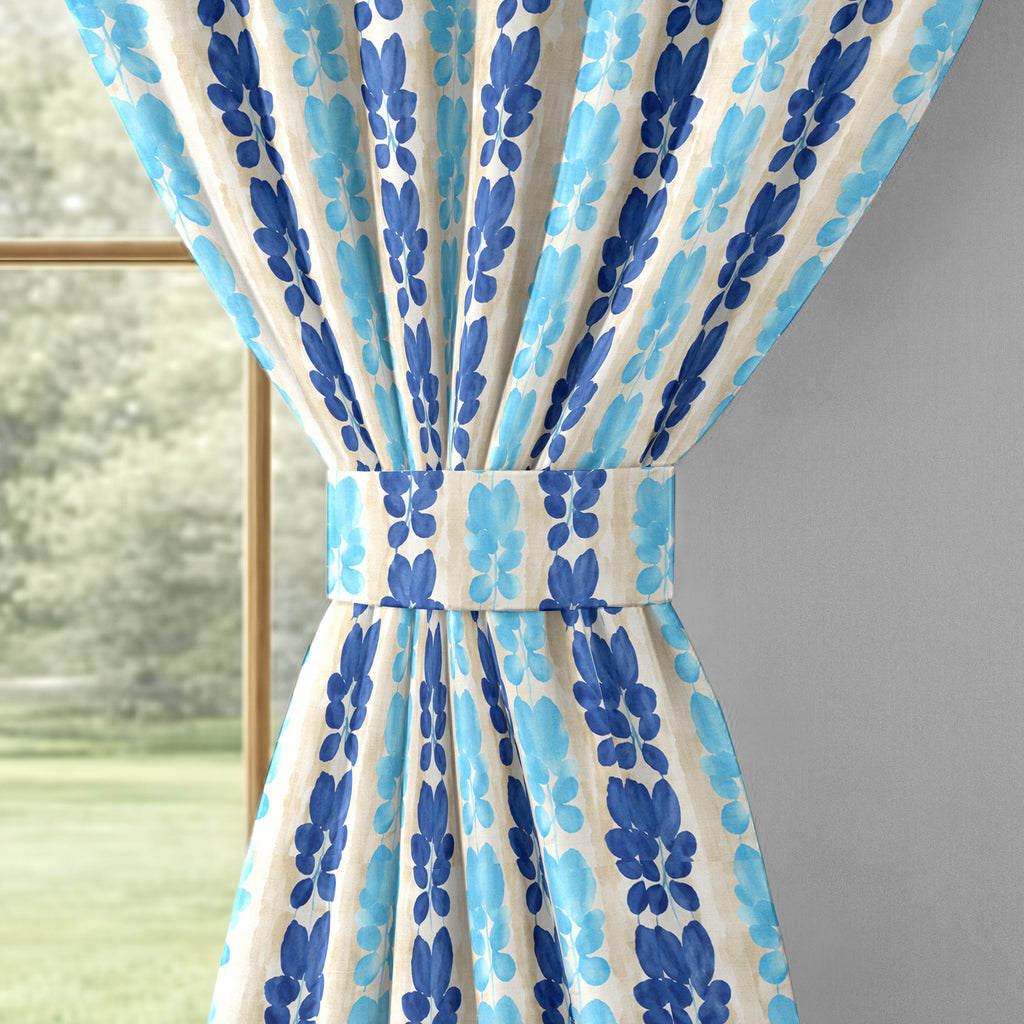 Ivory Blue Floral Stripe 330 GSM Polyester 90% Blackout Eyelet Curtain