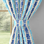 Ivory Blue Floral Stripe 330 GSM Polyester 90% Blackout Eyelet Curtain