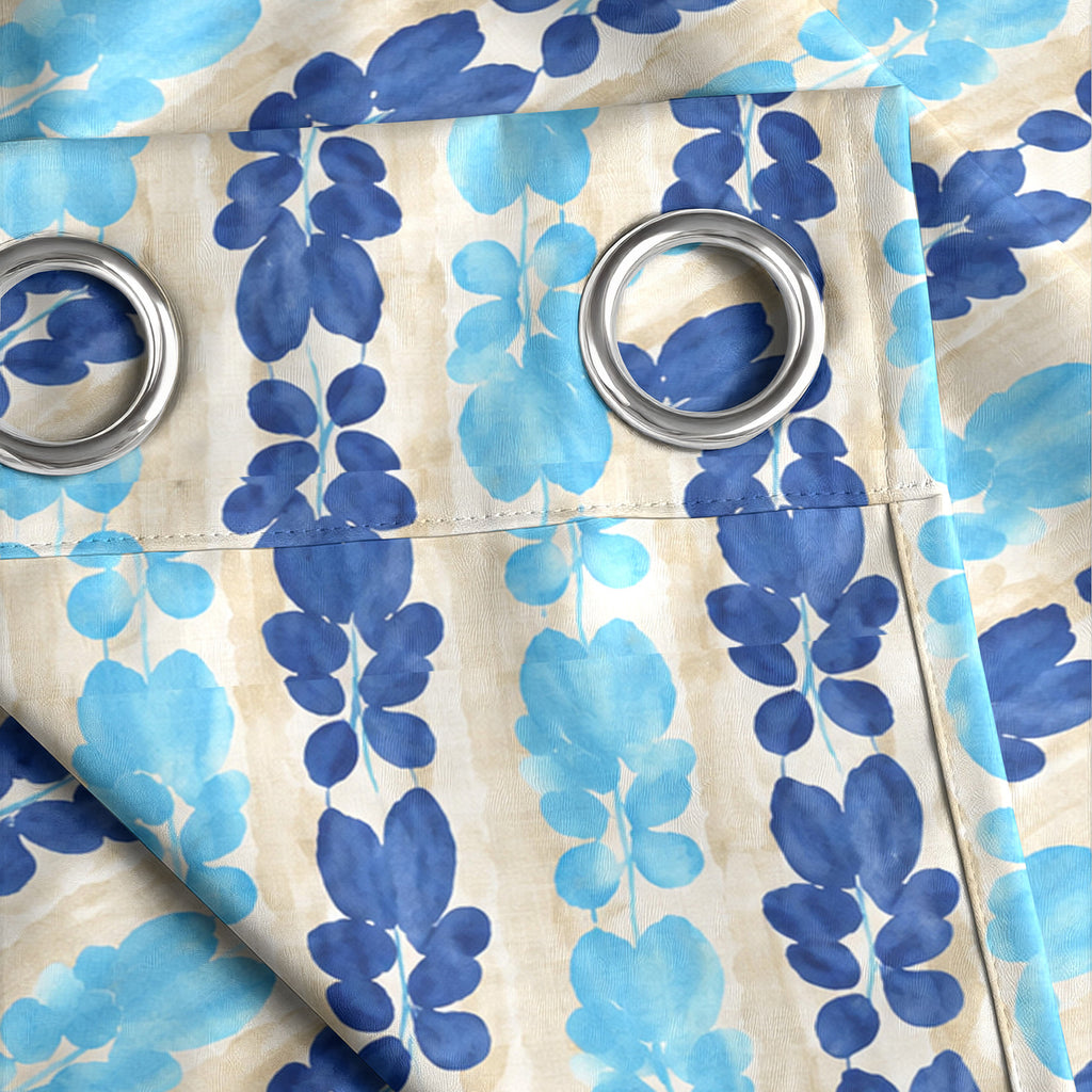 Ivory Blue Floral Stripe 330 GSM Polyester 90% Blackout Eyelet Curtain