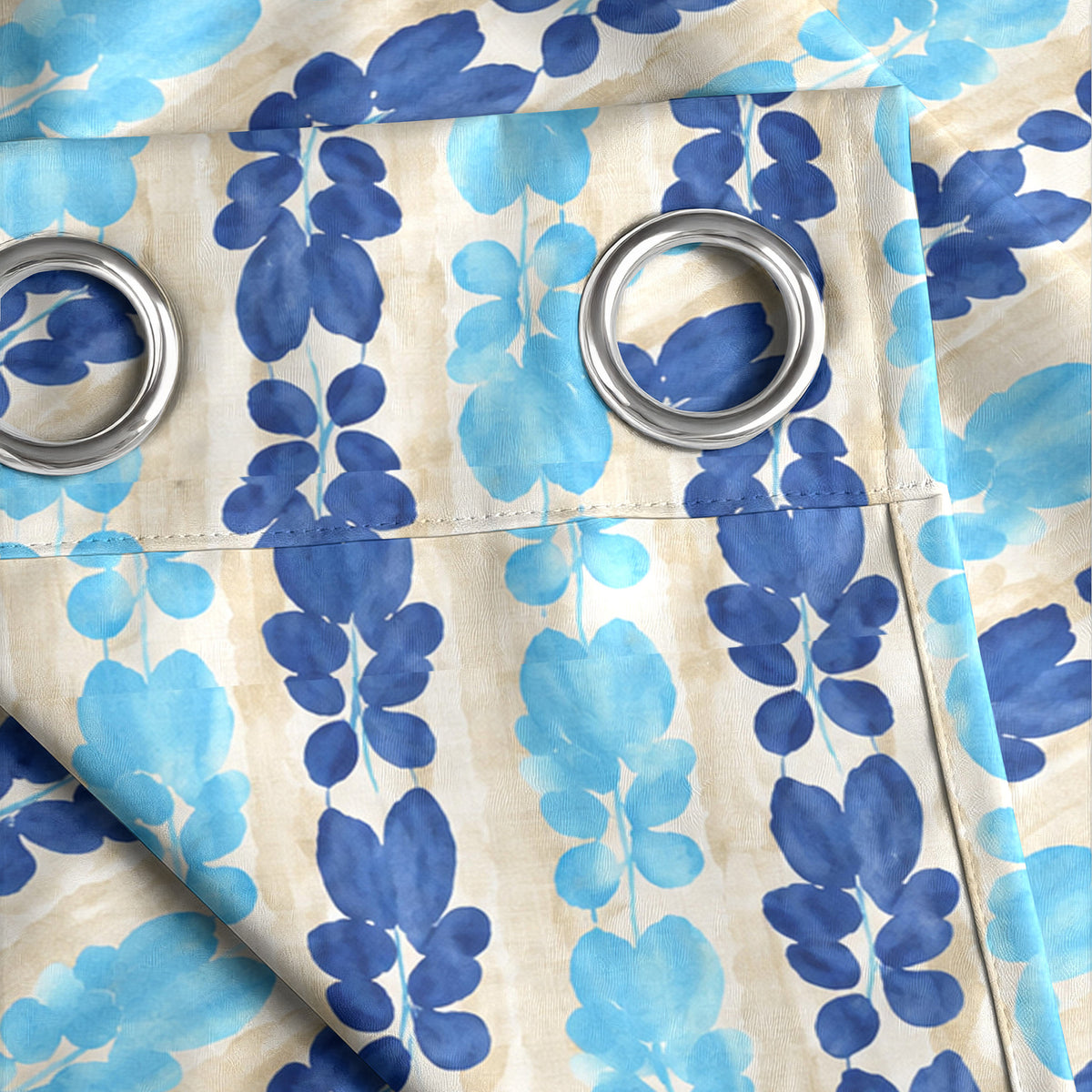 Ivory Blue Floral Stripe 330 GSM Polyester 90% Blackout Eyelet Curtain