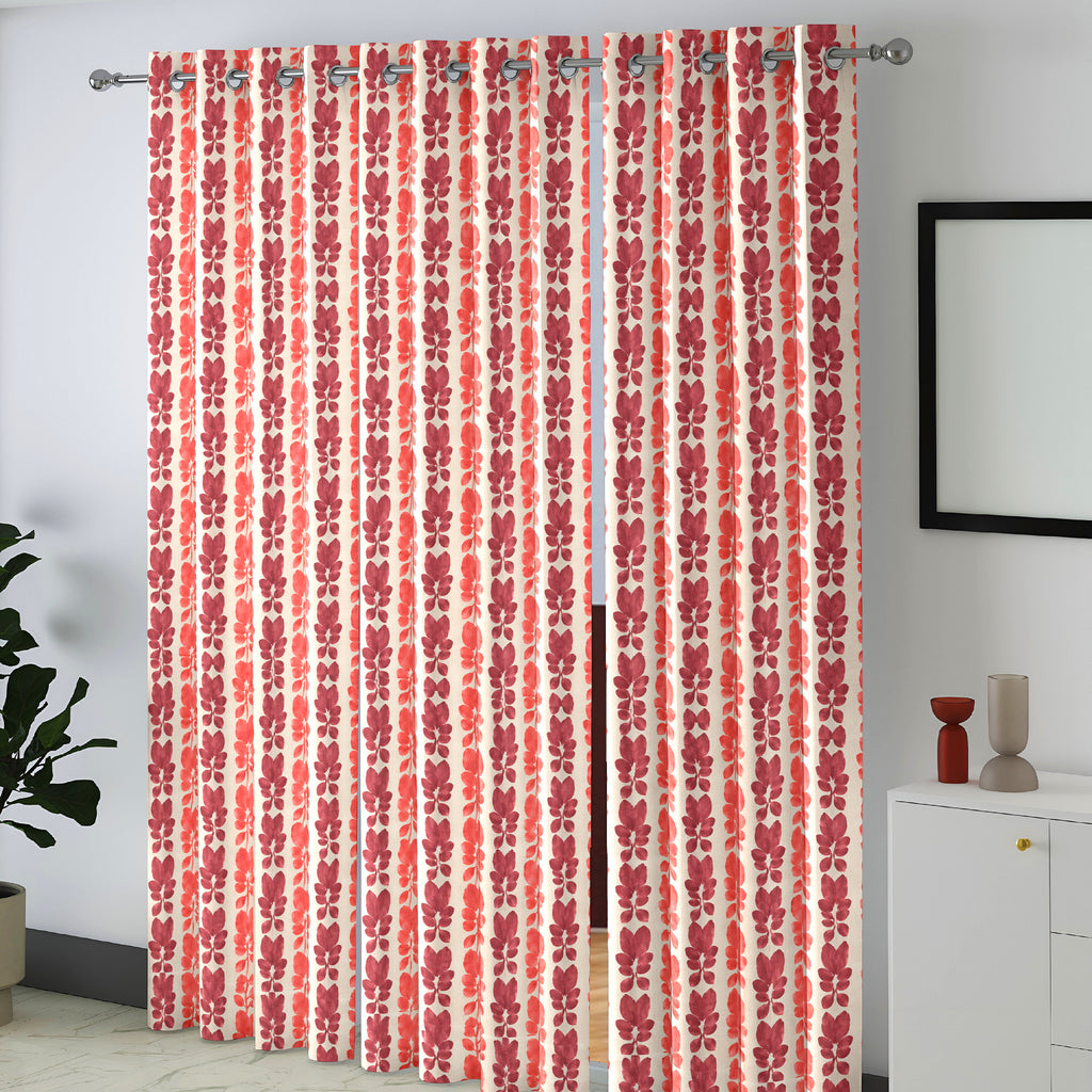 Ivory Coral Floral Stripe 330 GSM Polyester 90% Blackout Eyelet Curtain