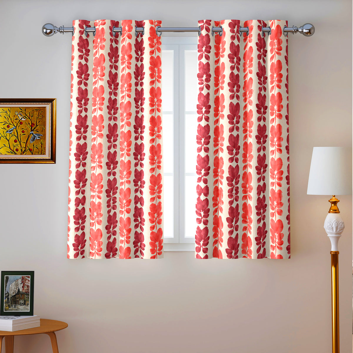 Ivory Coral Floral Stripe 330 GSM Polyester 90% Blackout Eyelet Curtain