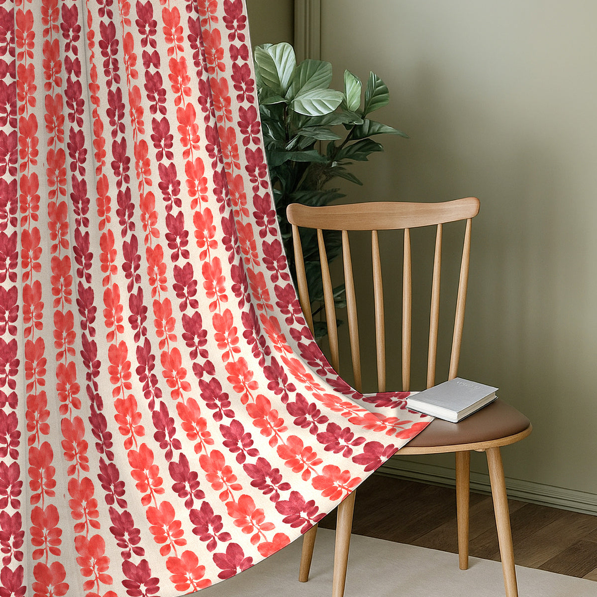 Ivory Coral Floral Stripe 330 GSM Polyester 90% Blackout Eyelet Curtain
