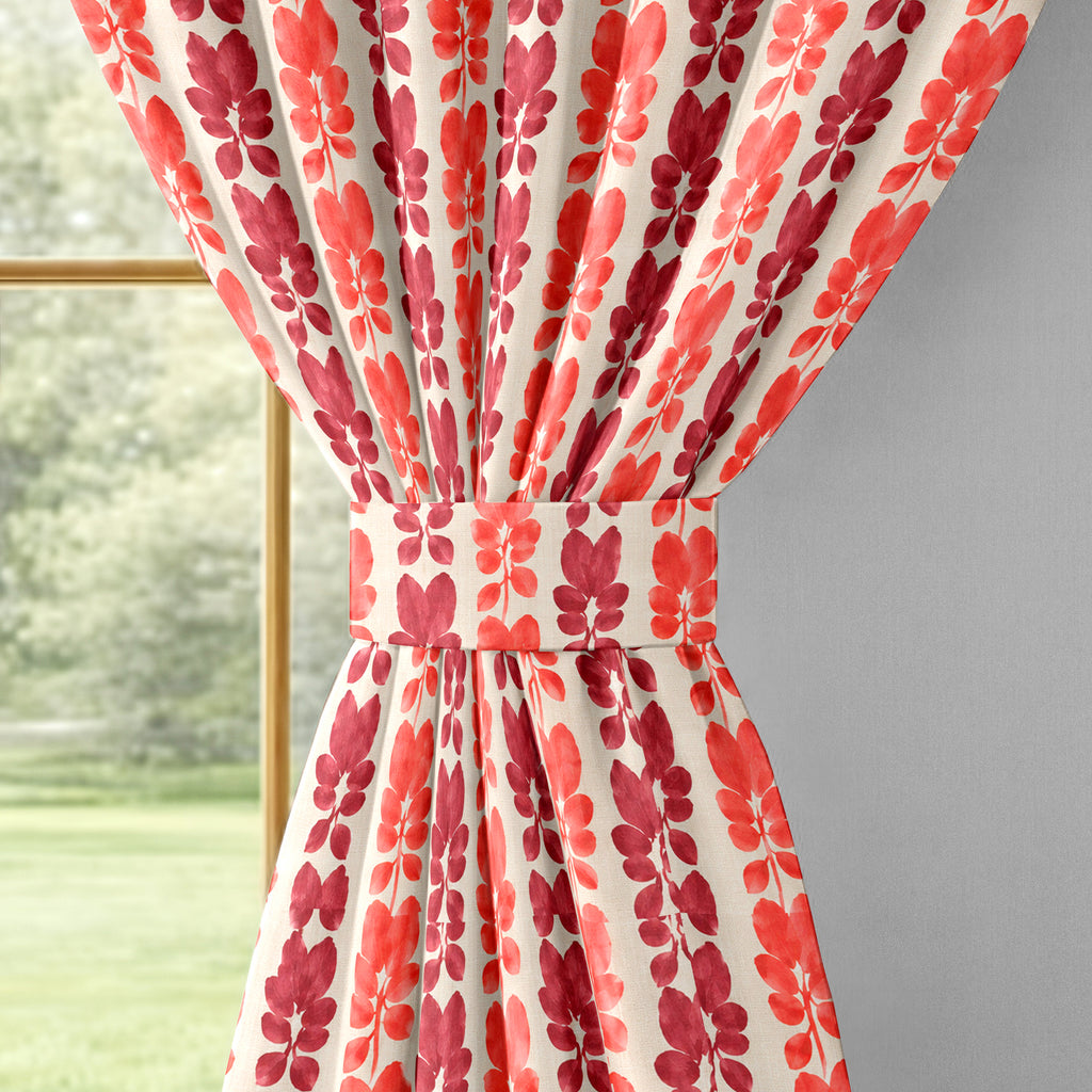 Ivory Coral Floral Stripe 330 GSM Polyester 90% Blackout Eyelet Curtain