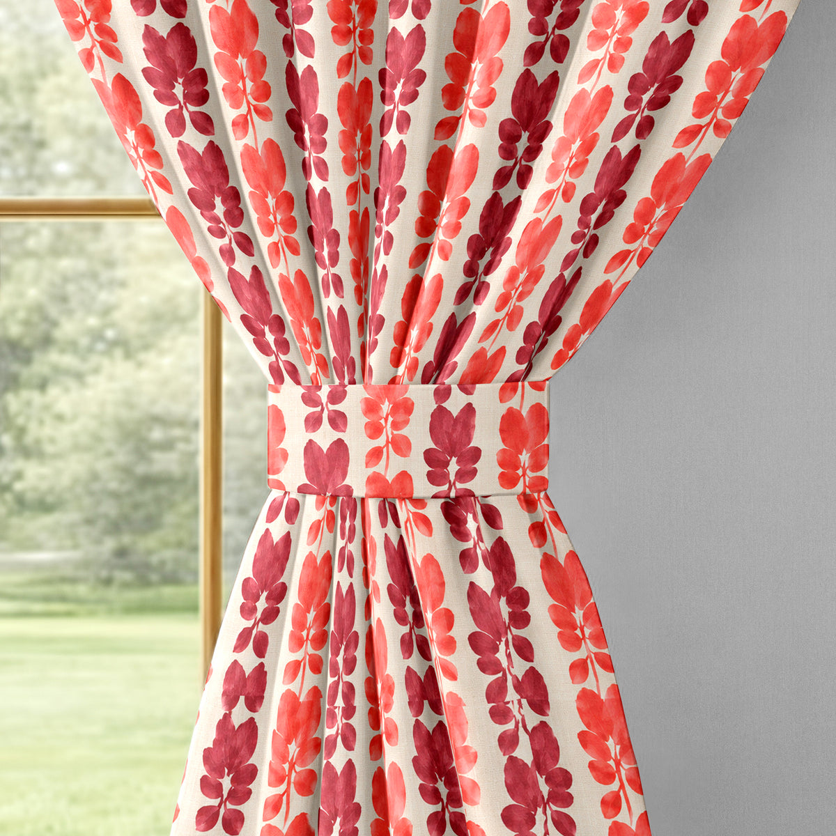 Ivory Coral Floral Stripe 330 GSM Polyester 90% Blackout Eyelet Curtain