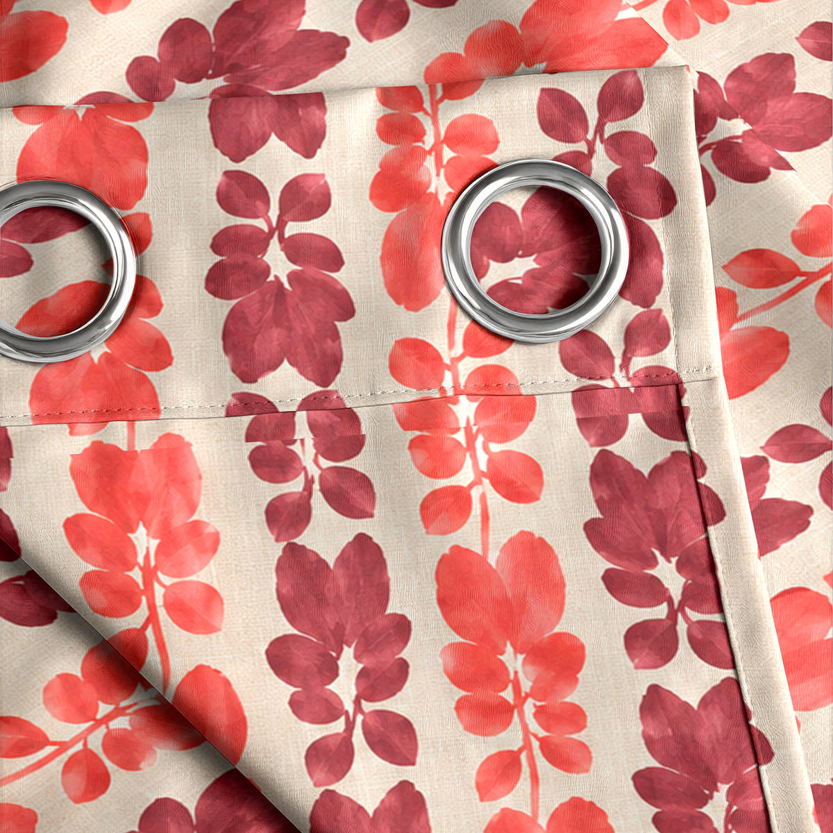Ivory Coral Floral Stripe 330 GSM Polyester 90% Blackout Eyelet Curtain