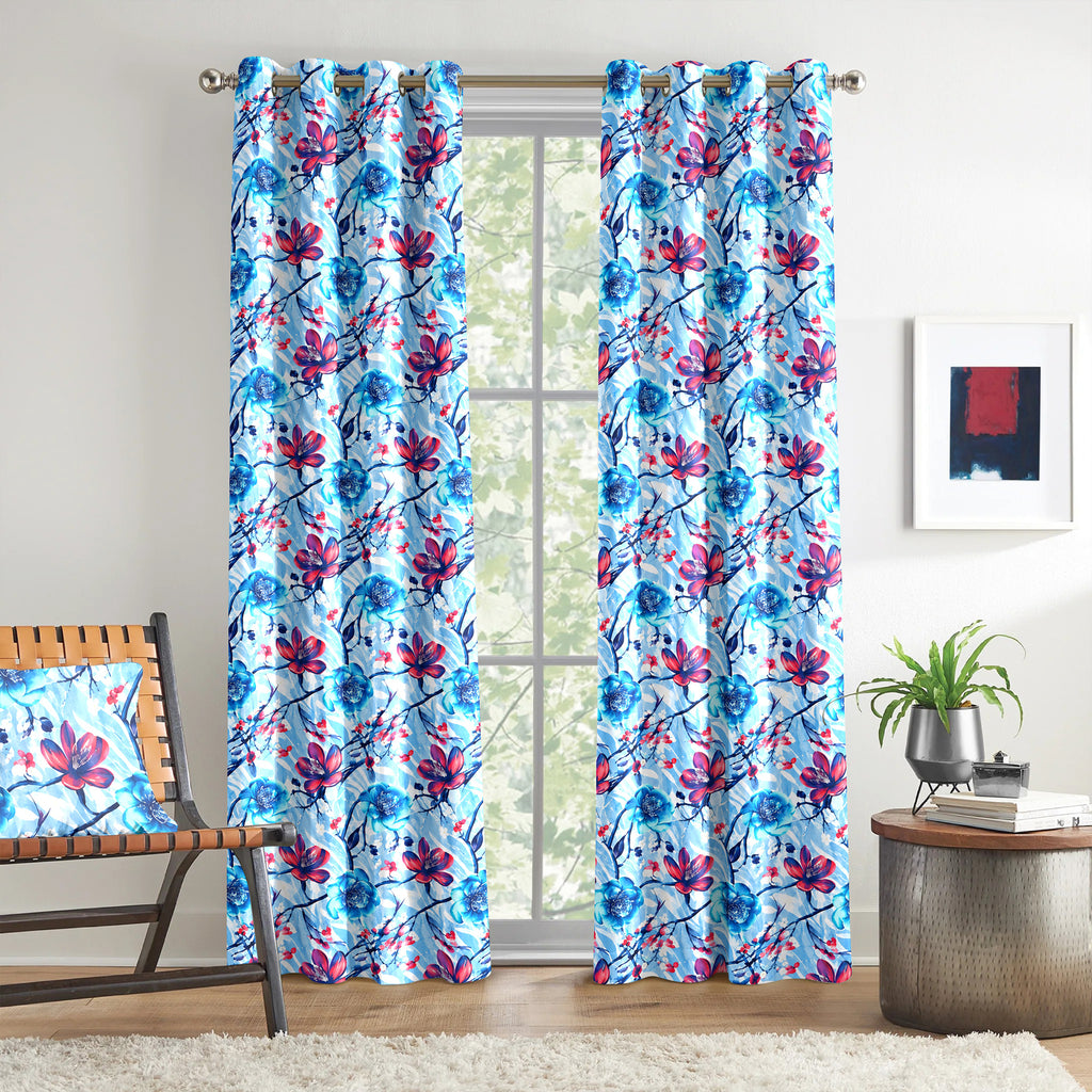 Powder Blue Ruby Floral Blossom 330 GSM Polyester 90% Blackout Eyelet Curtain