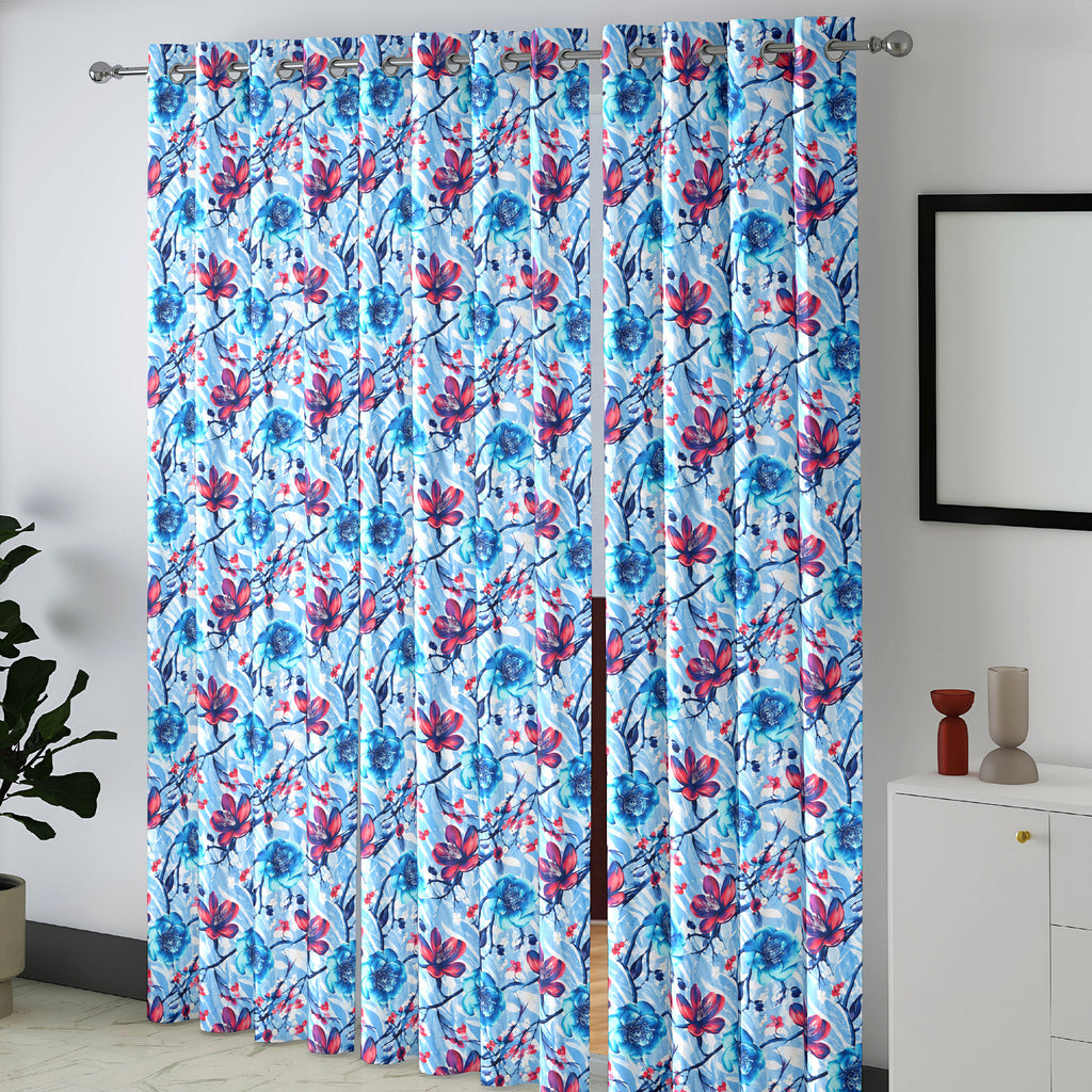 Powder Blue Ruby Floral Blossom 330 GSM Polyester 90% Blackout Eyelet Curtain