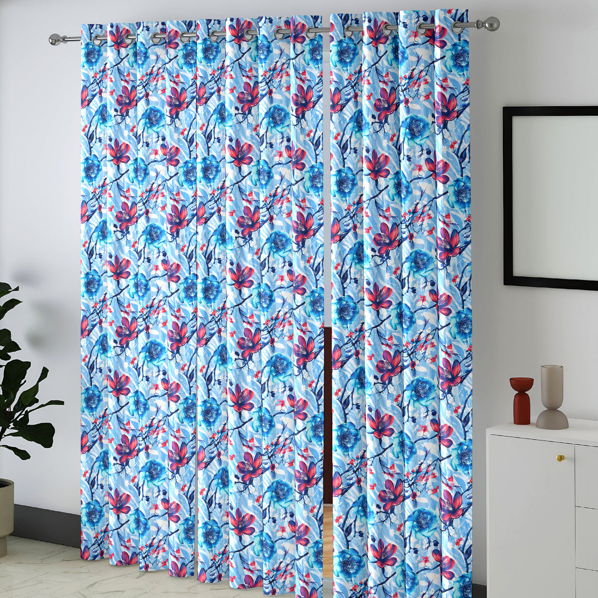 Powder Blue Ruby Floral Blossom 330 GSM Polyester 90% Blackout Eyelet Curtain