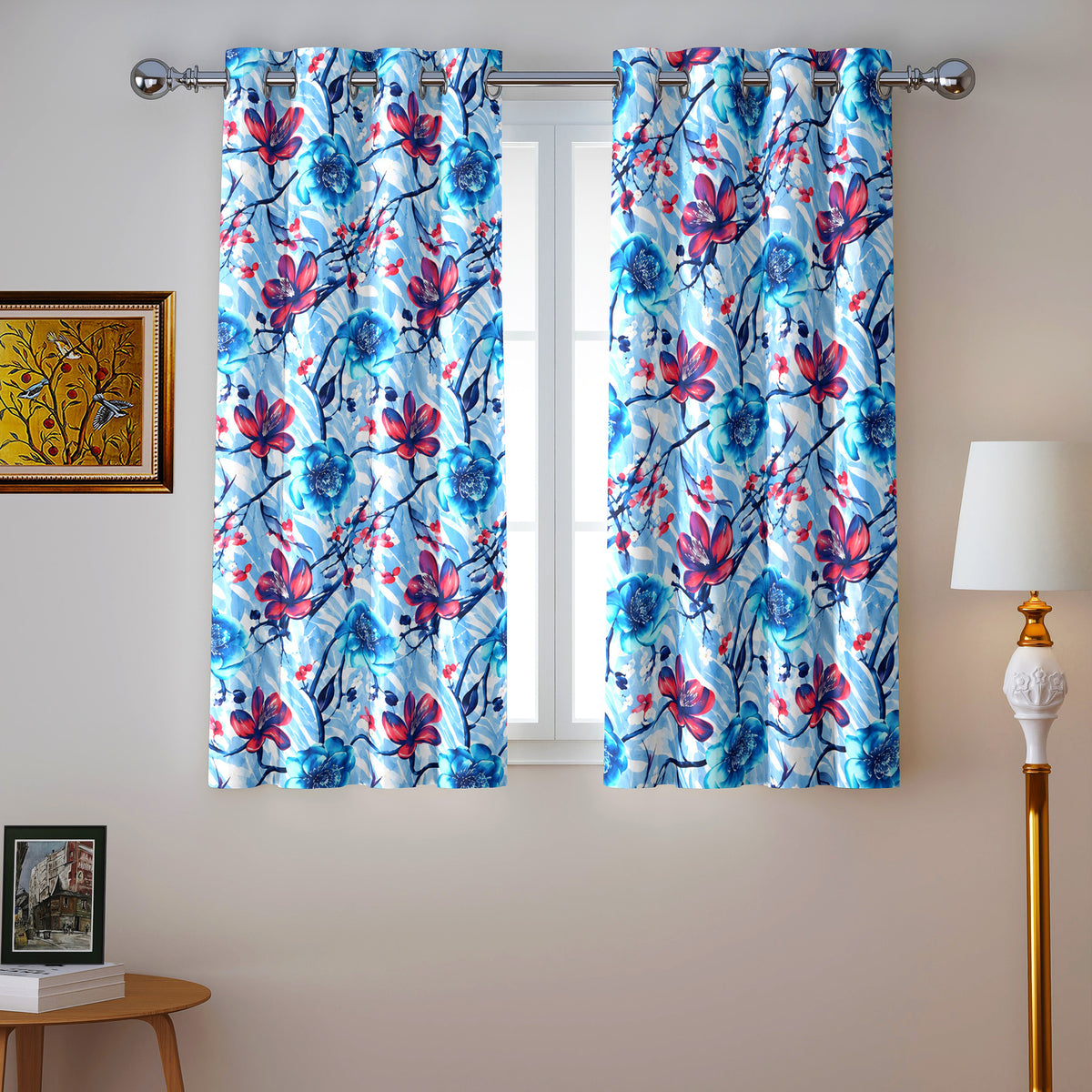 Powder Blue Ruby Floral Blossom 330 GSM Polyester 90% Blackout Eyelet Curtain